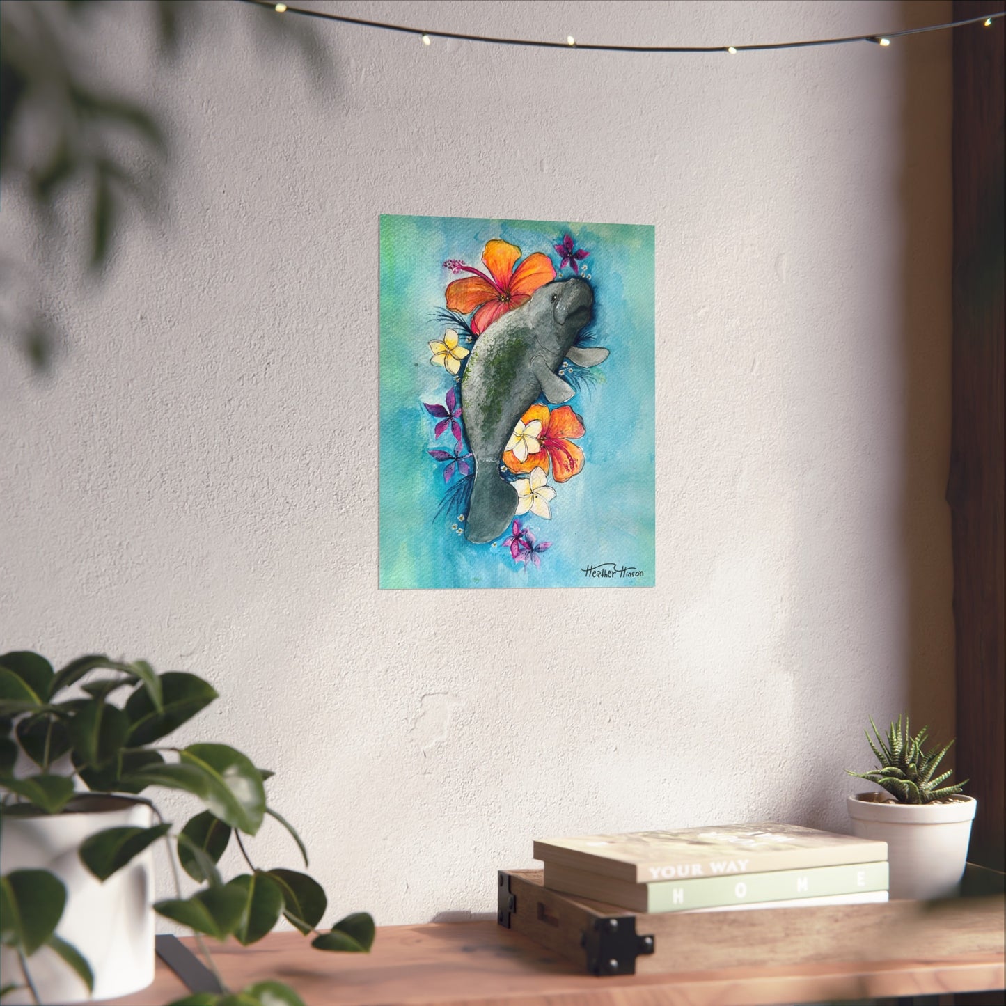 Manatee and Florals Fine Art Poster - Tropical Wall Decor