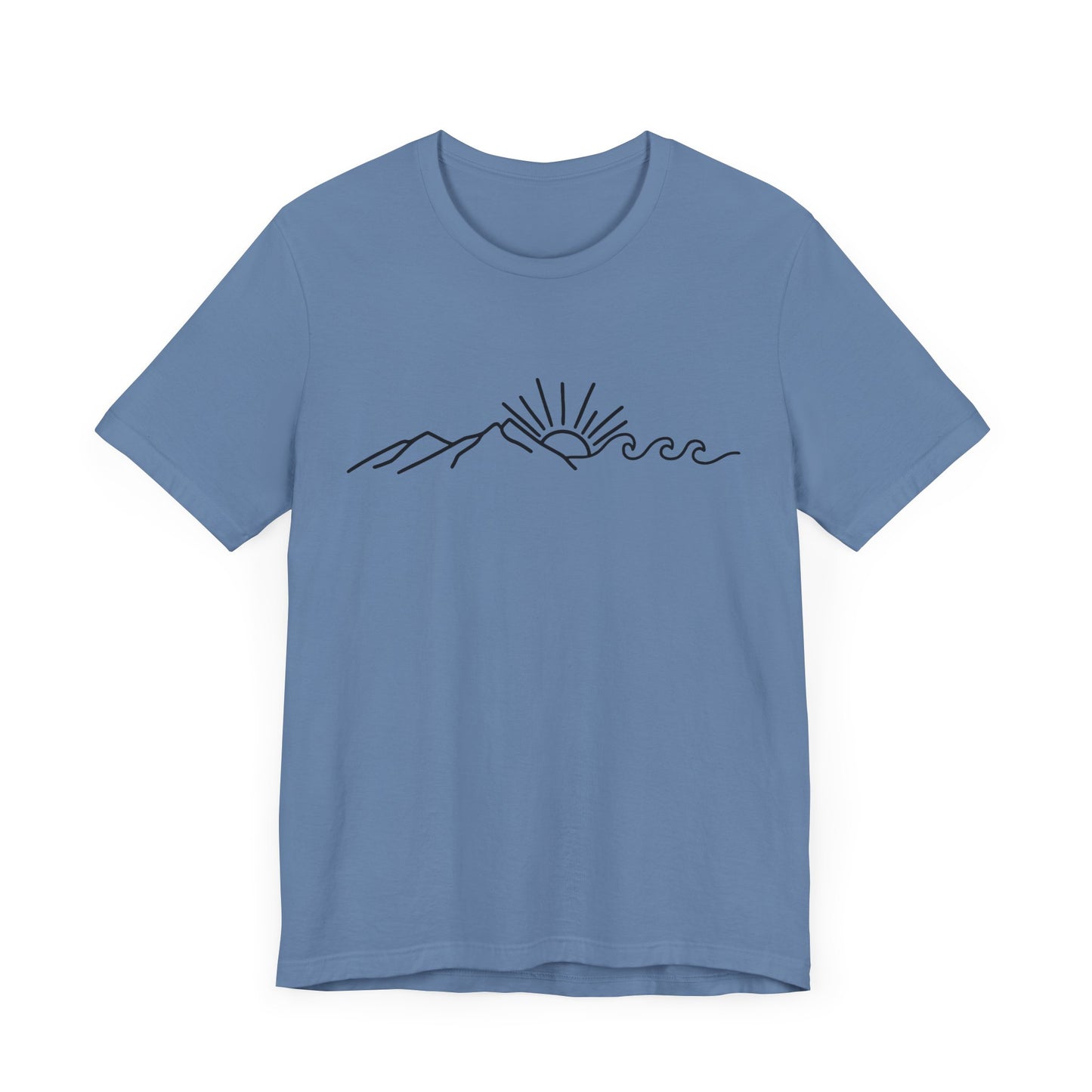Nature Sun Mountain Wave Doodle Unisex Tee, Beach Outdoors T-Shirt, Simple Drawing Line Art Shirt, Mountains Nature Lover Gift, Outdoor
