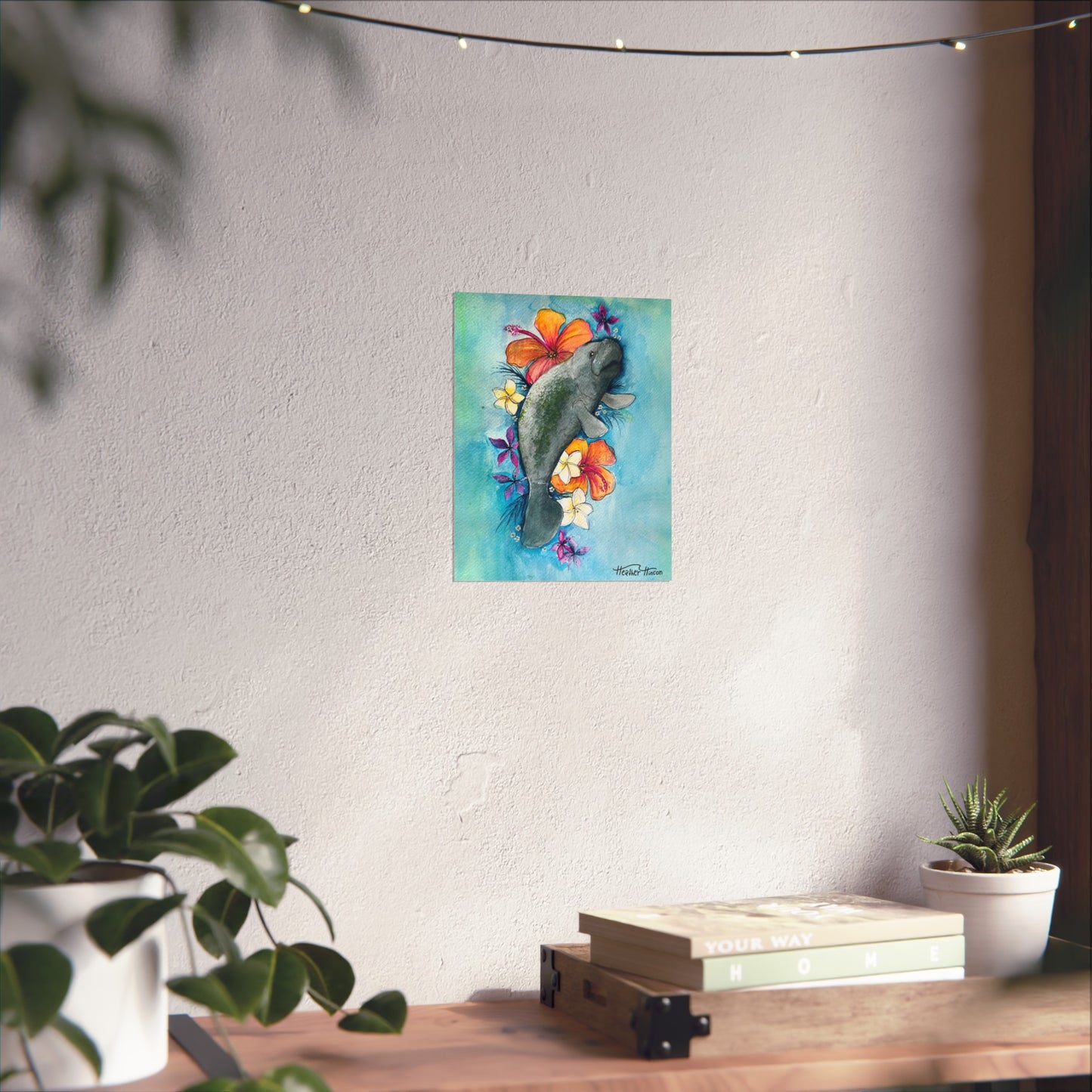 Manatee and Florals Fine Art Poster - Tropical Wall Decor