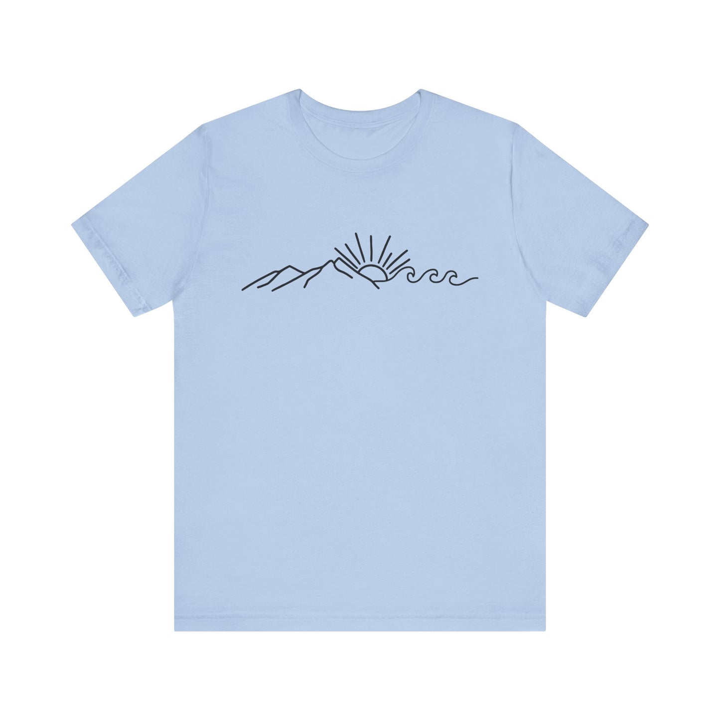 Nature Sun Mountain Wave Doodle Unisex Tee, Beach Outdoors T-Shirt, Simple Drawing Line Art Shirt, Mountains Nature Lover Gift, Outdoor