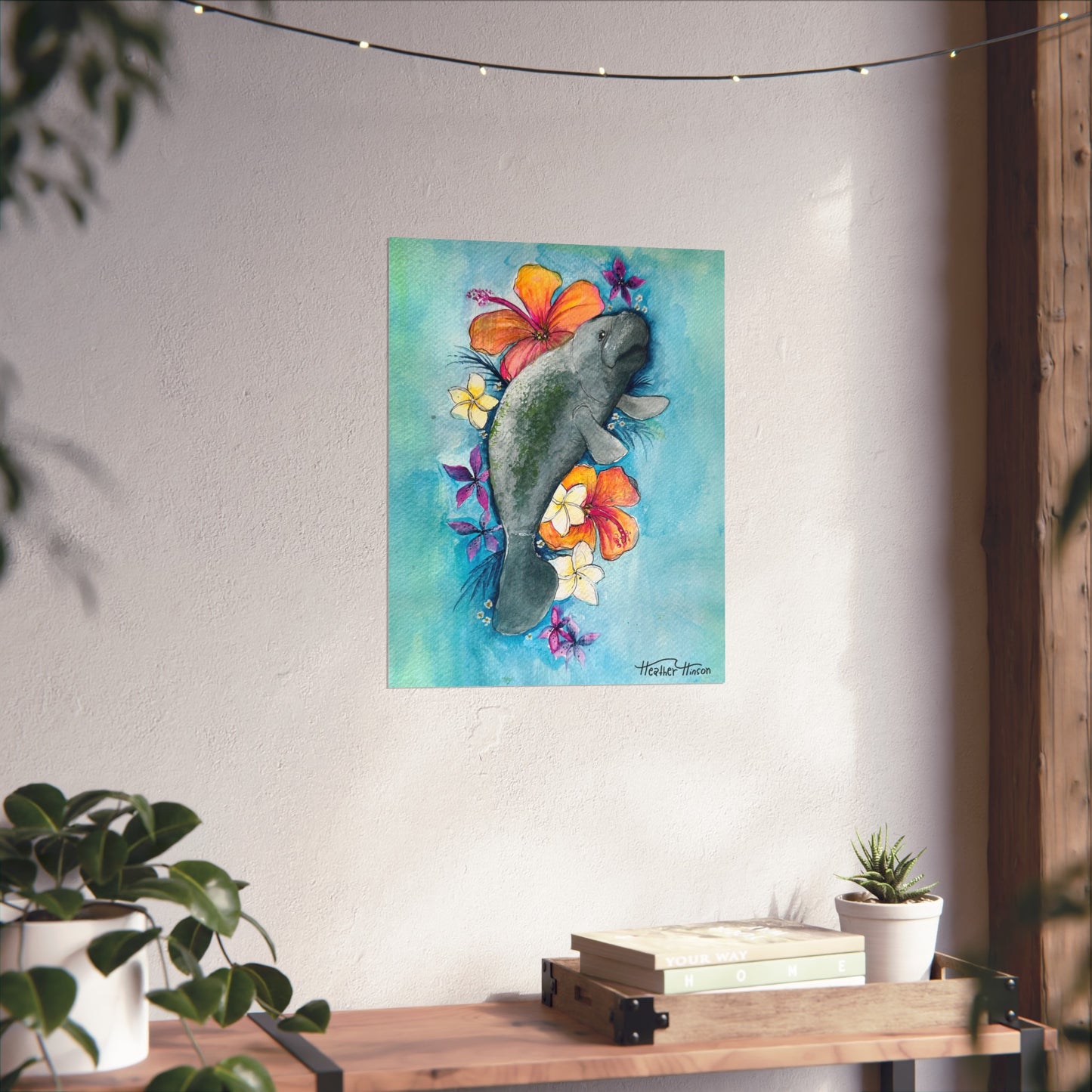 Manatee and Florals Fine Art Poster - Tropical Wall Decor