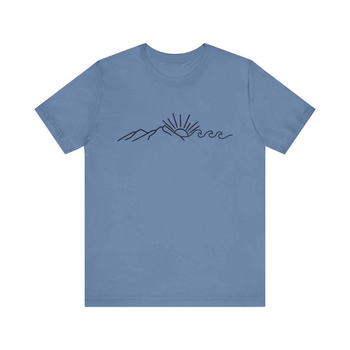 Nature Sun Mountain Wave Doodle Unisex Tee, Beach Outdoors T-Shirt, Simple Drawing Line Art Shirt, Mountains Nature Lover Gift, Outdoor