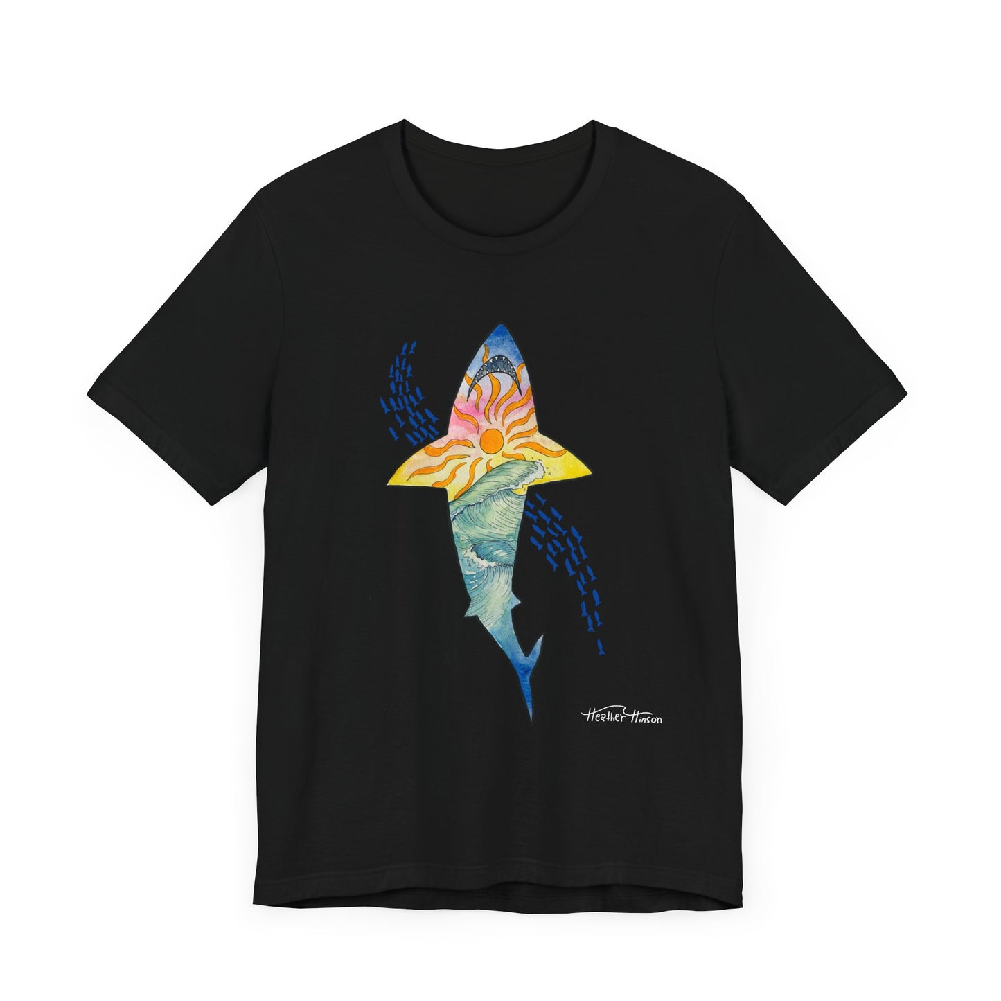 Shark t shirt Sunset Beach Tee, Great White Ocean Wave T-Shirt for Surf Lovers, Colorful Unisex Jersey Shirt, Tropical Sunshine Tee, Bright Tee for