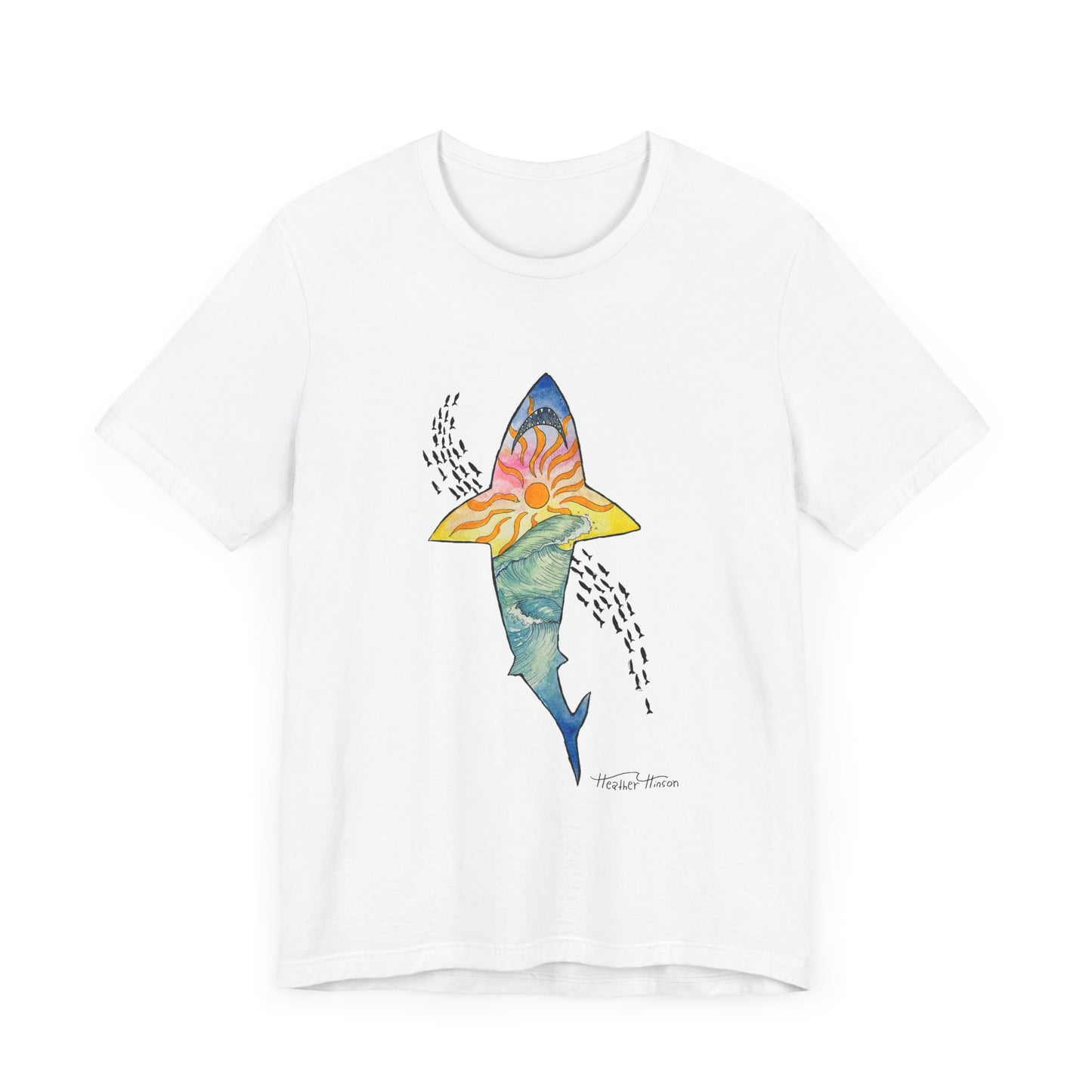 Shark t shirt Sunset Beach Tee, Great White Ocean Wave T-Shirt for Surf Lovers, Colorful Unisex Jersey Shirt, Tropical Sunshine Tee, Bright Tee for