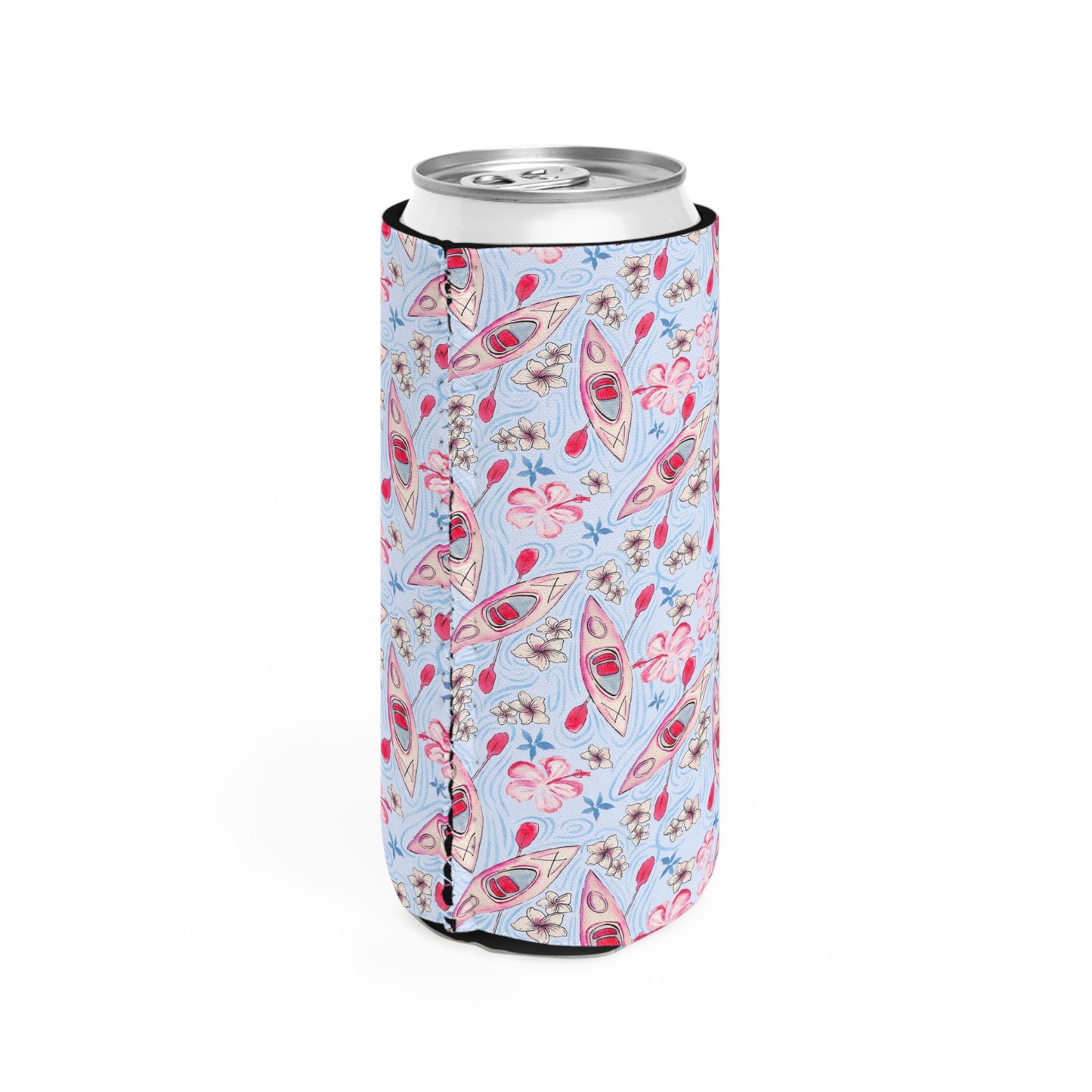 Slim Can Cooler - Pink Kayaking Hibiscus Summer Beach Tropical Design