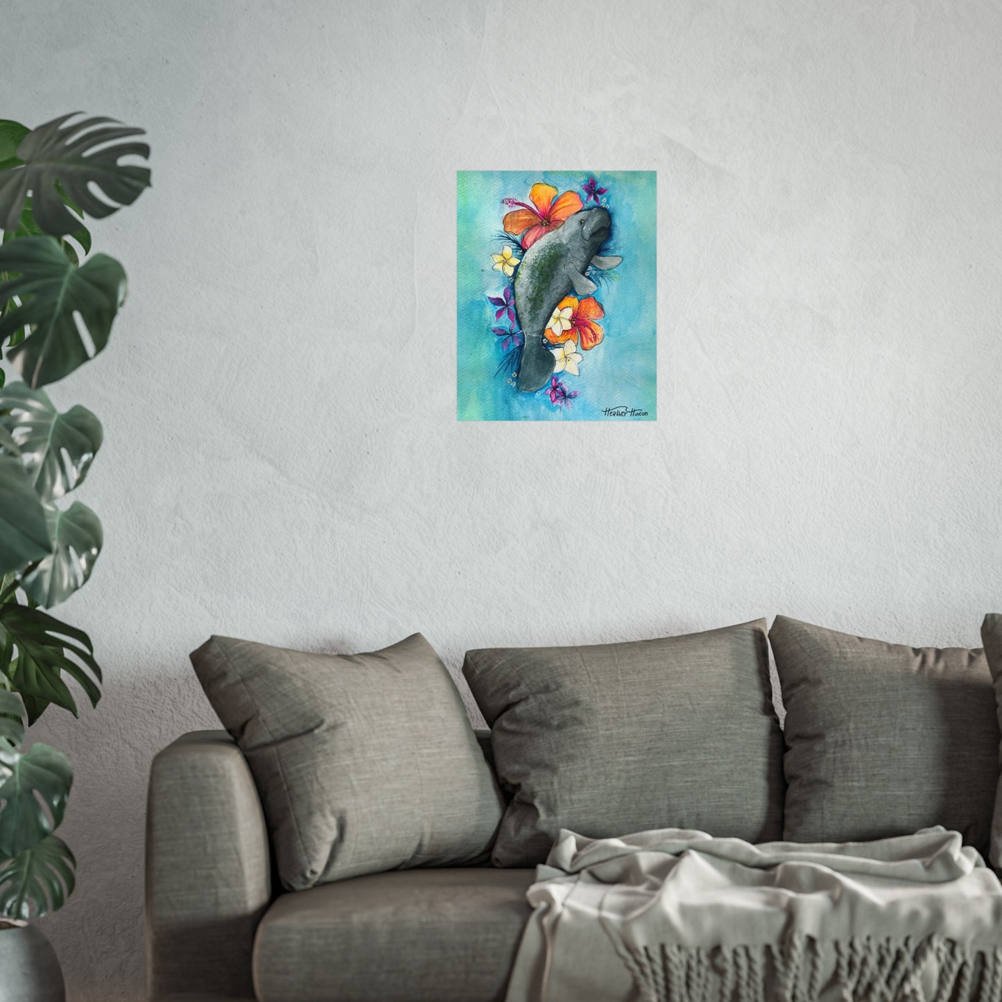 Manatee and Florals Fine Art Poster - Tropical Wall Decor