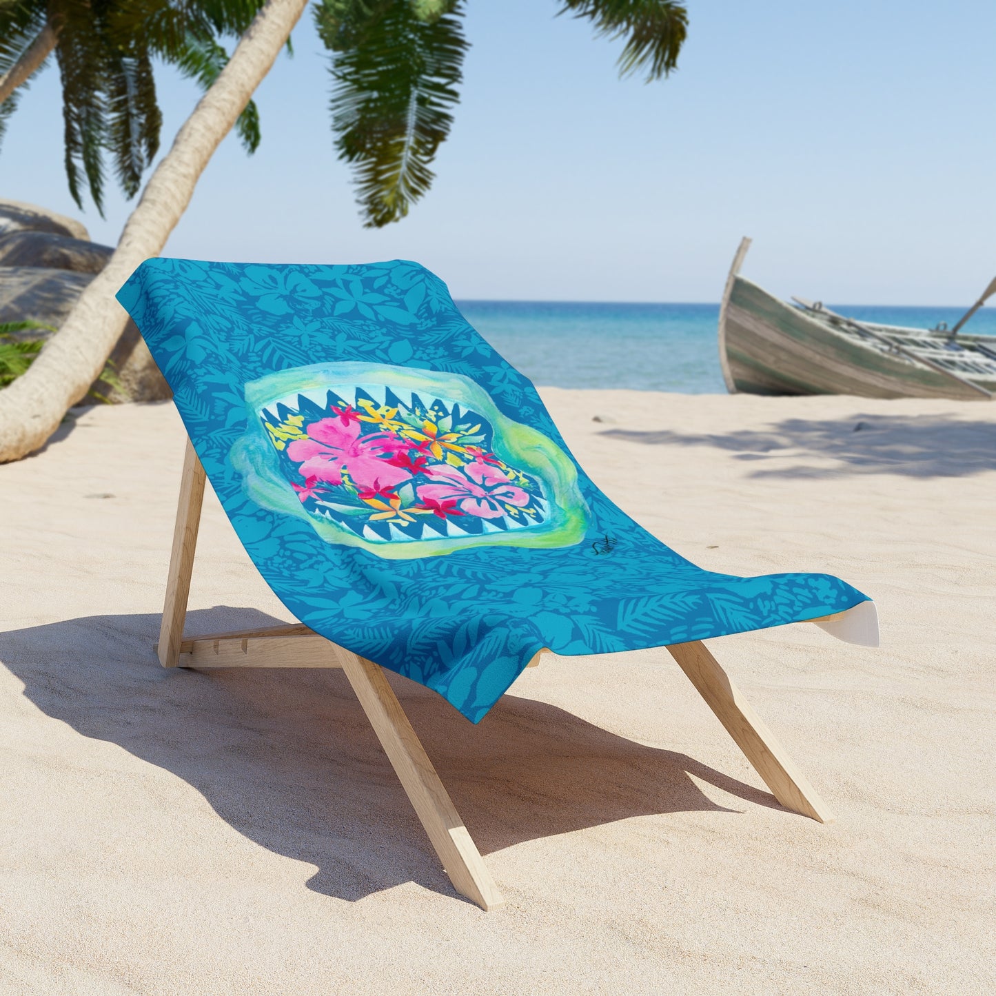 Shark Beach Towel, Shark Bite Floral Watercolor Design, Ocean Towel, Tropical Beach Blanket, Summer Pool Towel, beach towel shark