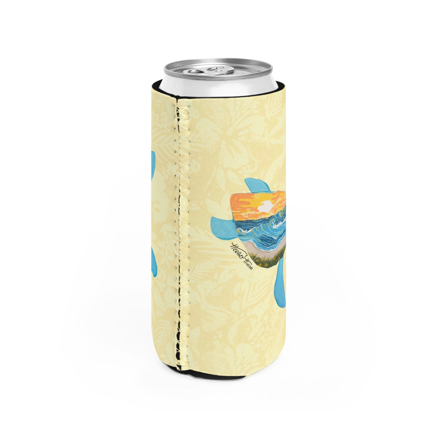 Slim Can Cooler - Sea Turtle Waves Beach Sunset Painted Artwork