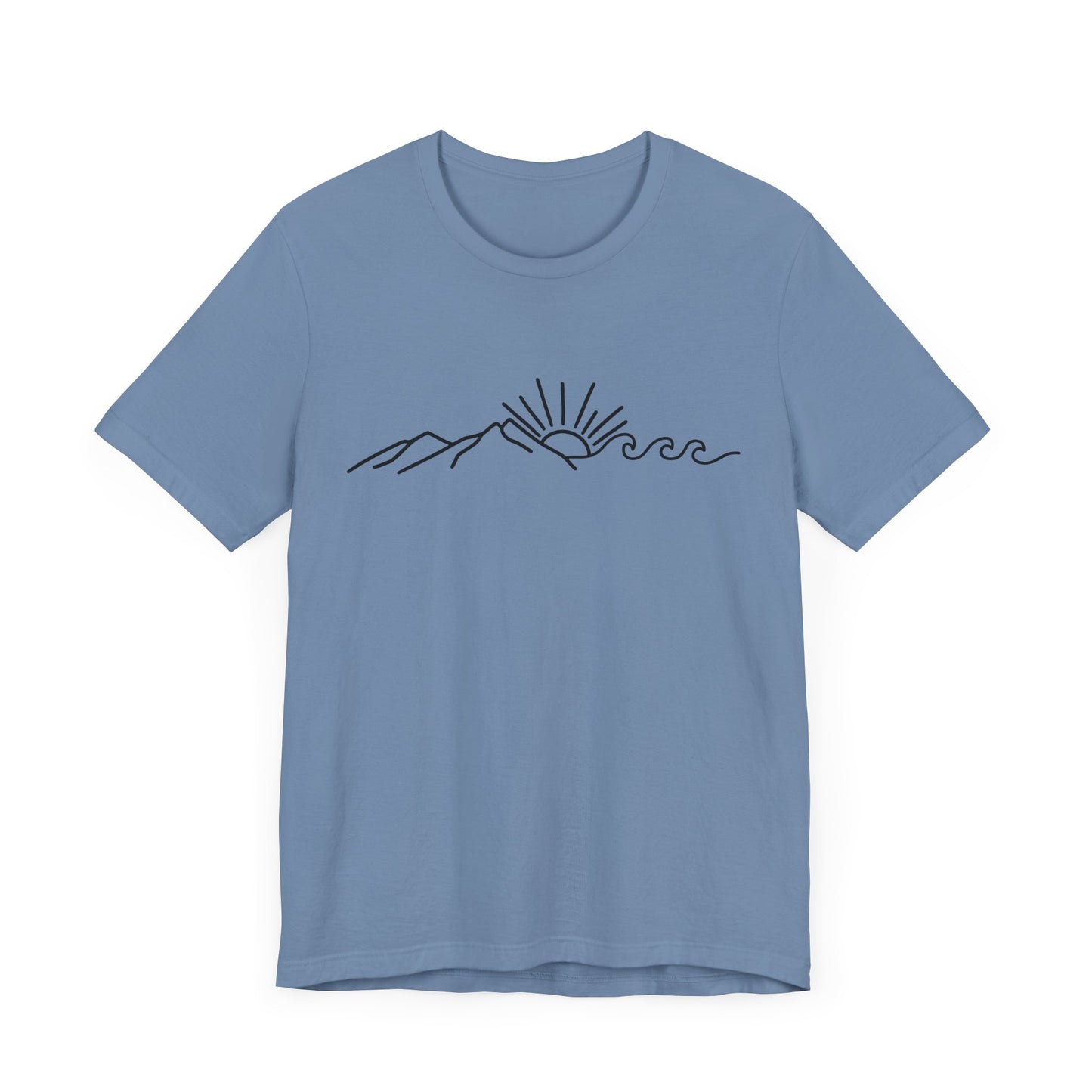 Nature Sun Mountain Wave Doodle Unisex Tee, Beach Outdoors T-Shirt, Simple Drawing Line Art Shirt, Mountains Nature Lover Gift, Outdoor