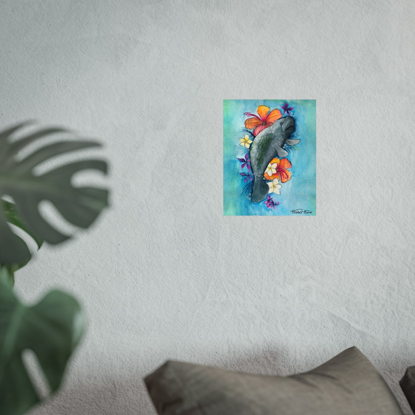 Manatee and Florals Fine Art Poster - Tropical Wall Decor