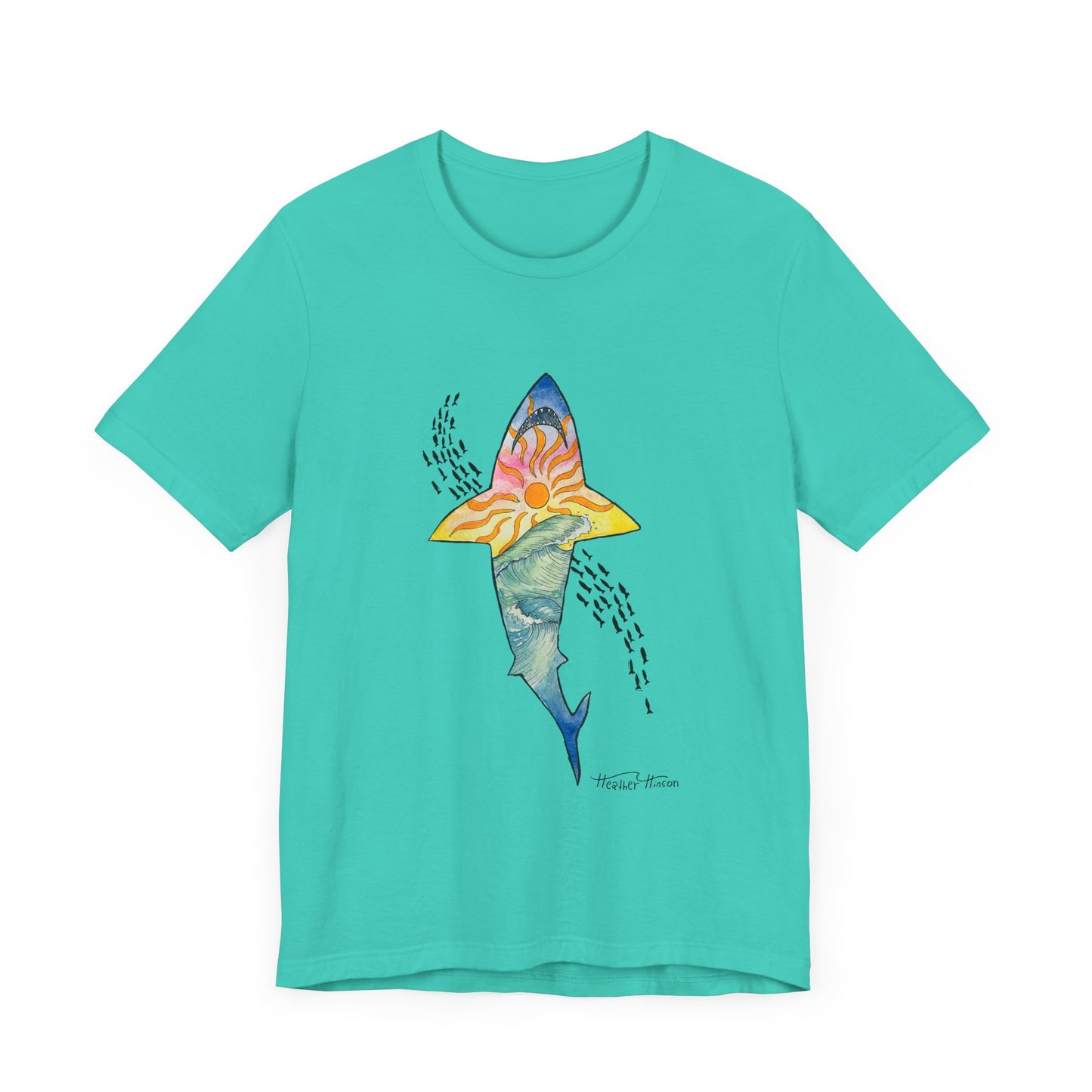 Shark t shirt Sunset Beach Tee, Great White Ocean Wave T-Shirt for Surf Lovers, Colorful Unisex Jersey Shirt, Tropical Sunshine Tee, Bright Tee for