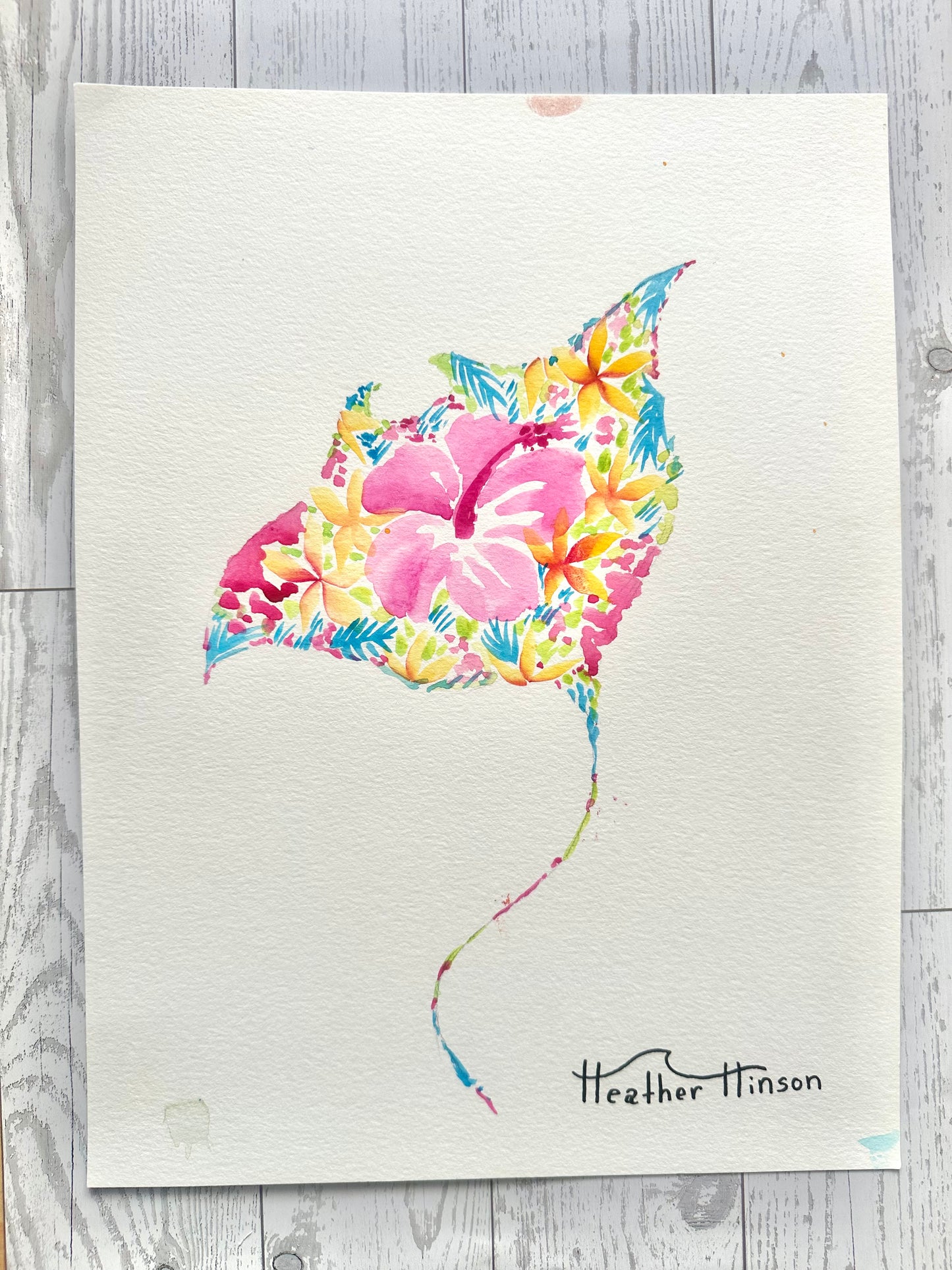 Original Watercolor Painting - Floral Manta Ray