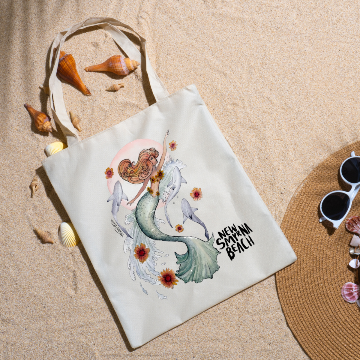 New Smyrna Beach Mermaid & Sharks Canvas Tote Bag | Florida Beach Bag