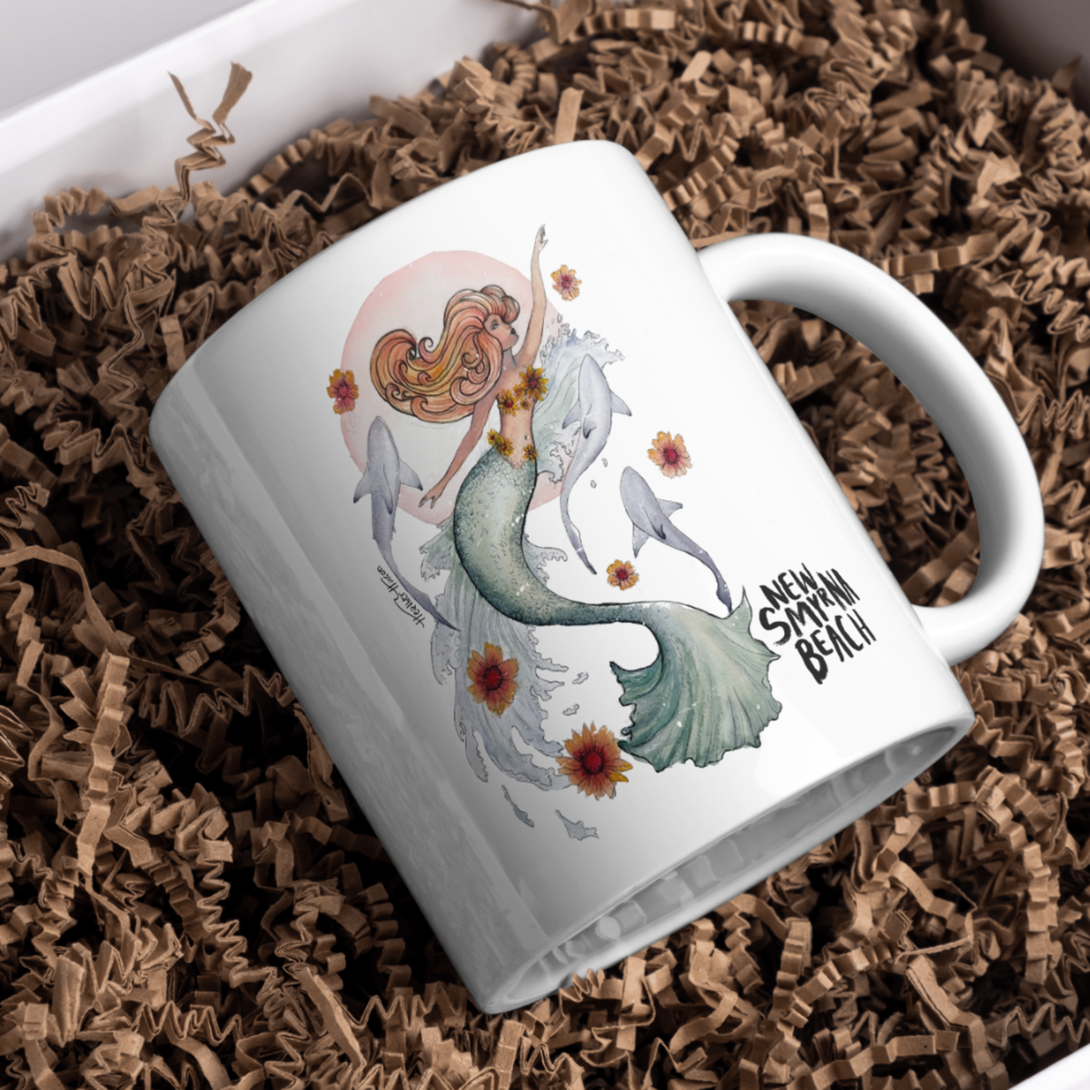 New Smyrna Beach Mermaid & Sharks Ceramic Mug | Florida Beach Coffee Cup