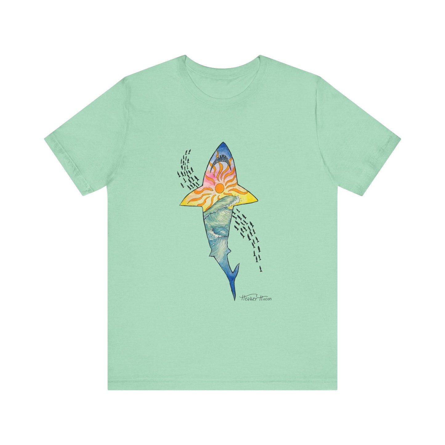 hand drawn shark shirt design with sunset and ocean waves