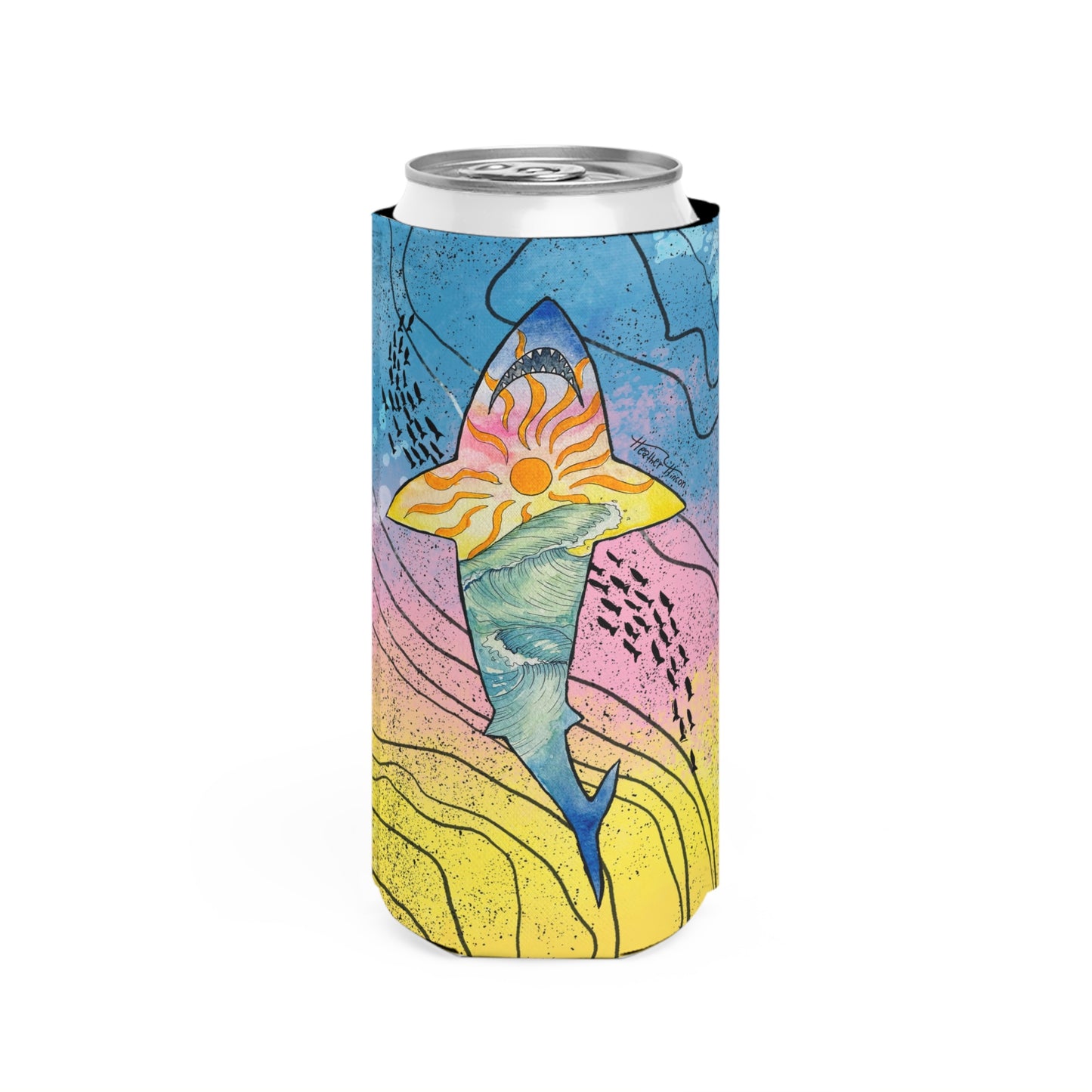 Slim Can Cooler - Great White Shark Watercolor Ocean Sunset