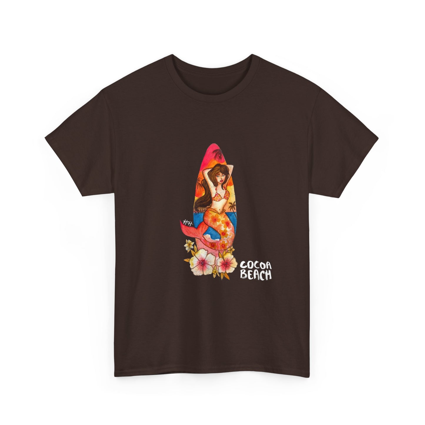 Cocoa Beach Mermaid Tee — Florida Surfboard & Tropical Flowers Vacation Souvenir