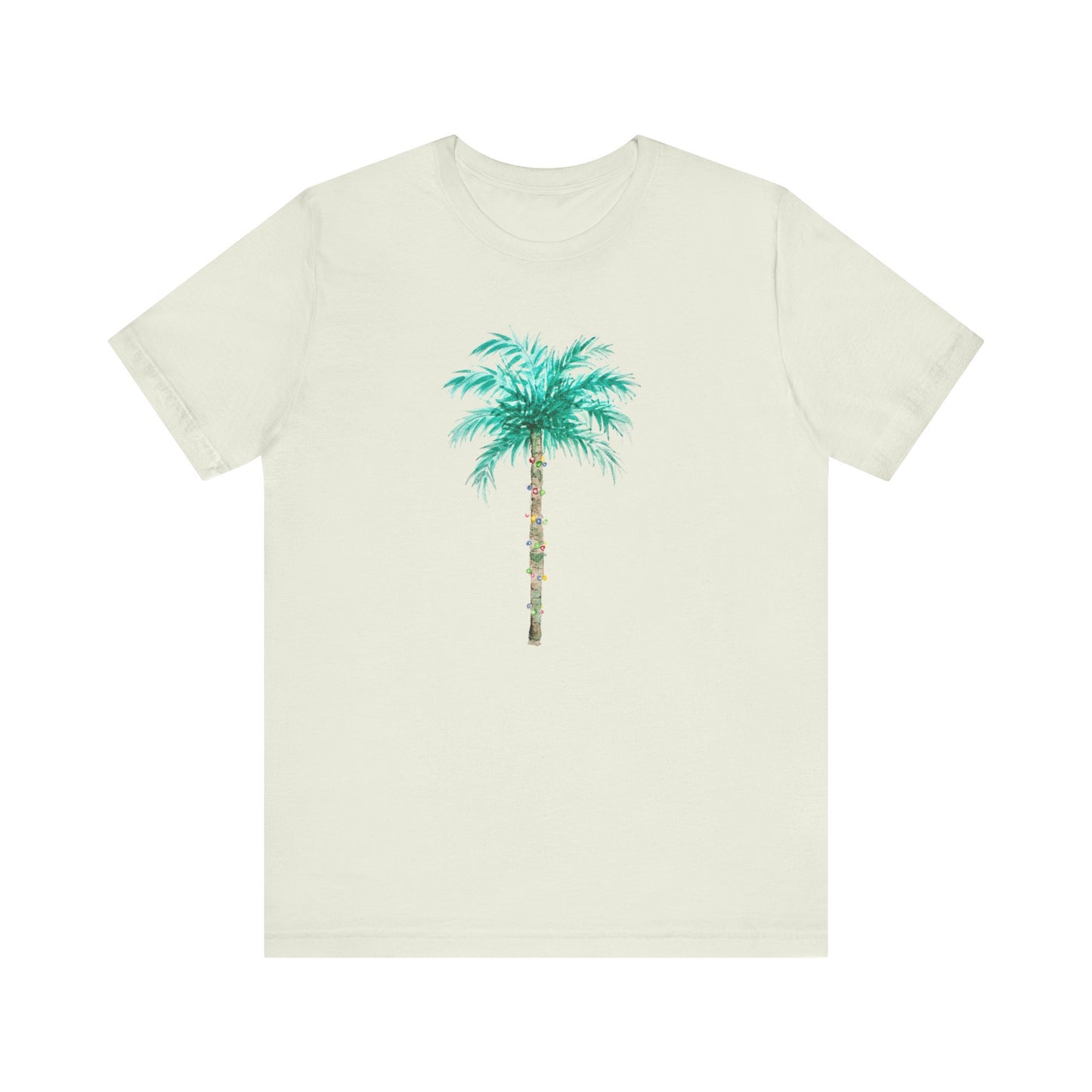 T-Shirt - Palm Tree Christmas Lights Coastal Beach Florida Tropical  watercolor hand drawn Vacation Holiday Festive Tee