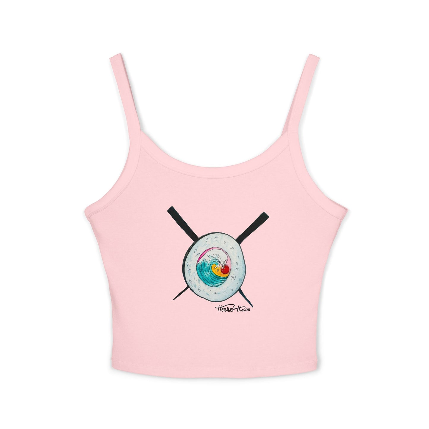 Colorful Spaghetti Strap Tank Top with sushi wave drawing, Casual Summer Wear, Graphic Top for Foodies, Gift for Cooks, Cooking Enthusiasts