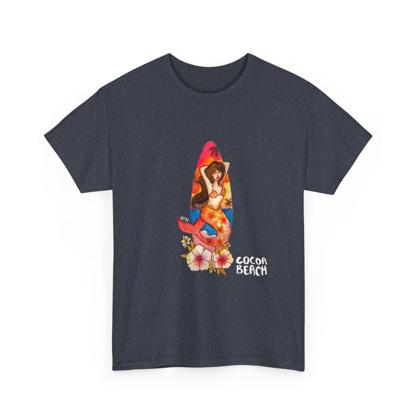 Cocoa Beach Mermaid Tee — Florida Surfboard & Tropical Flowers Vacation Souvenir