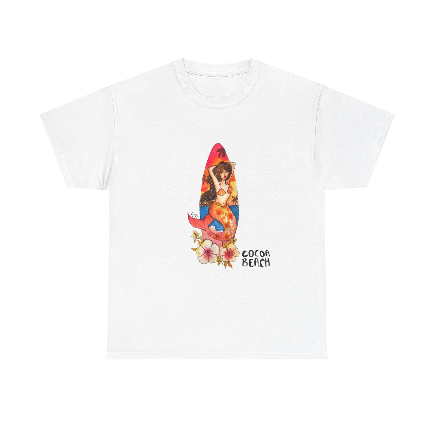 Cocoa Beach Mermaid Tee — Florida Surfboard & Tropical Flowers Vacation Souvenir
