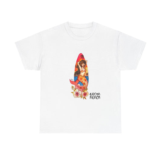 Cocoa Beach Mermaid Tee — Florida Surfboard & Tropical Flowers Vacation Souvenir