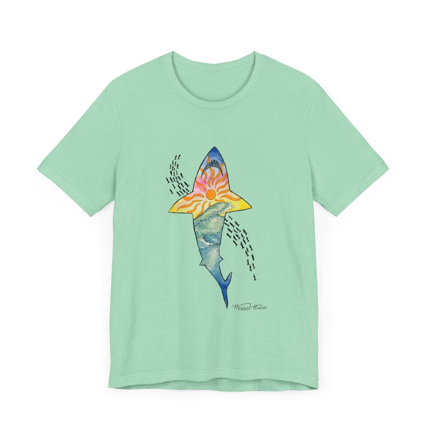 Shark t shirt Sunset Beach Tee, Great White Ocean Wave T-Shirt for Surf Lovers, Colorful Unisex Jersey Shirt, Tropical Sunshine Tee, Bright Tee for