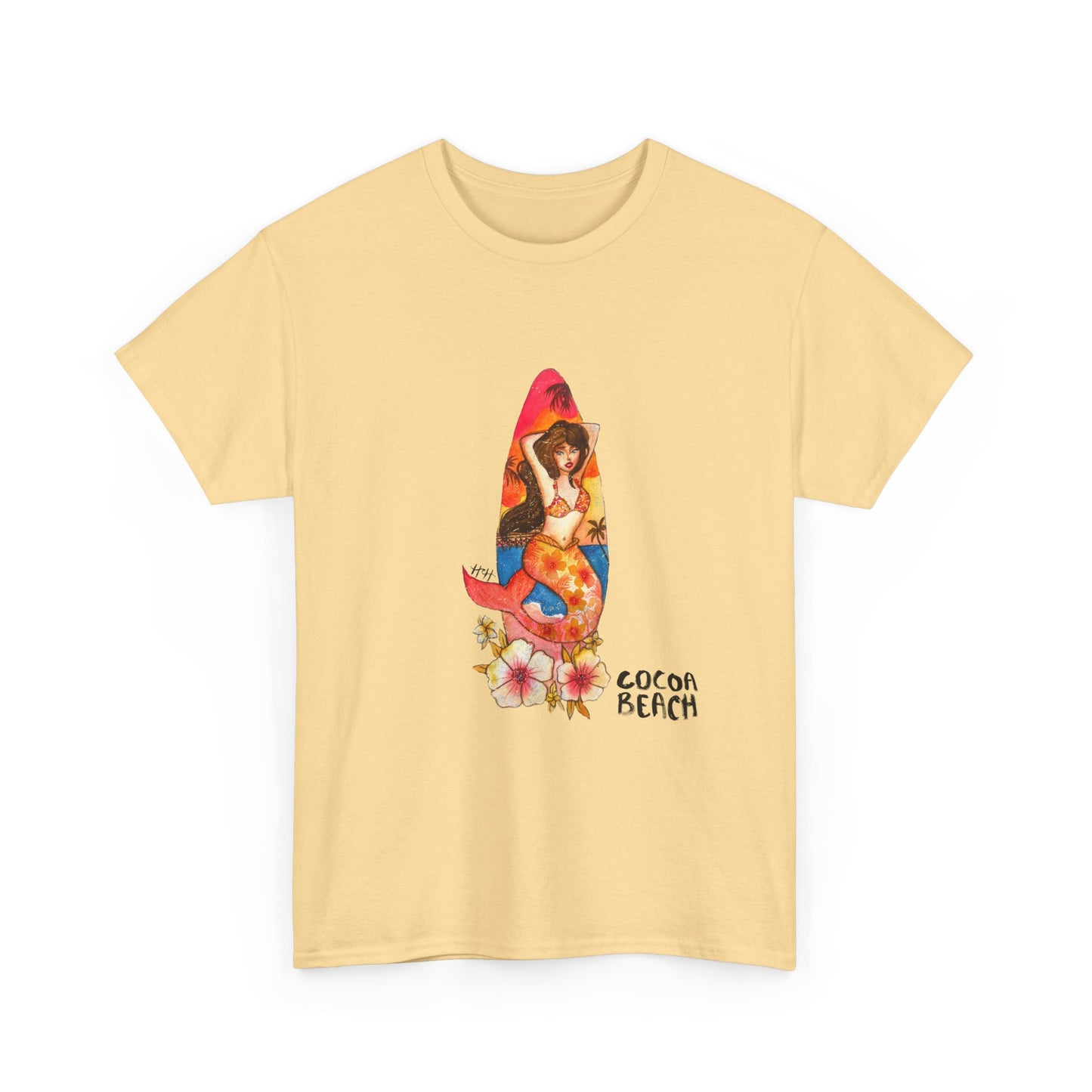 Cocoa Beach Mermaid Tee — Florida Surfboard & Tropical Flowers Vacation Souvenir