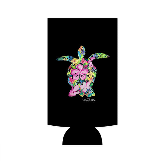 Slim Can Cooler - Sea Turtle Watercolor Floral Black