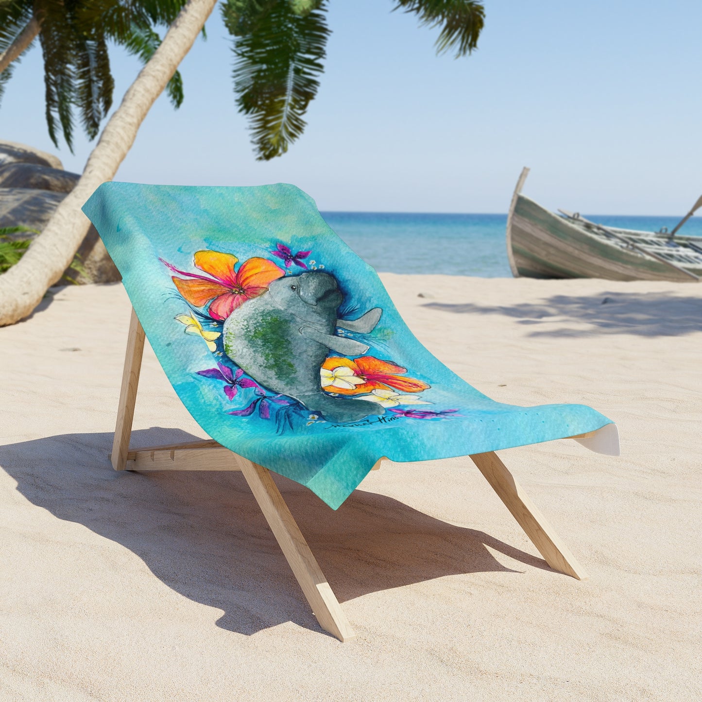Beach Towel - Manatee Tropical Flowers Watercolor Painting Colorful Bright