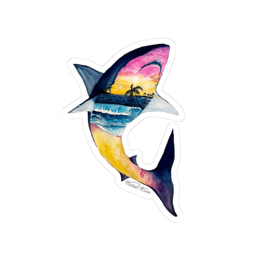 Vibrant Shark Scene Kiss-Cut Stickers | Ocean Lover Gifts, Surf Decor, Laptop Stickers, Tropical Art, Fun Summer Accents