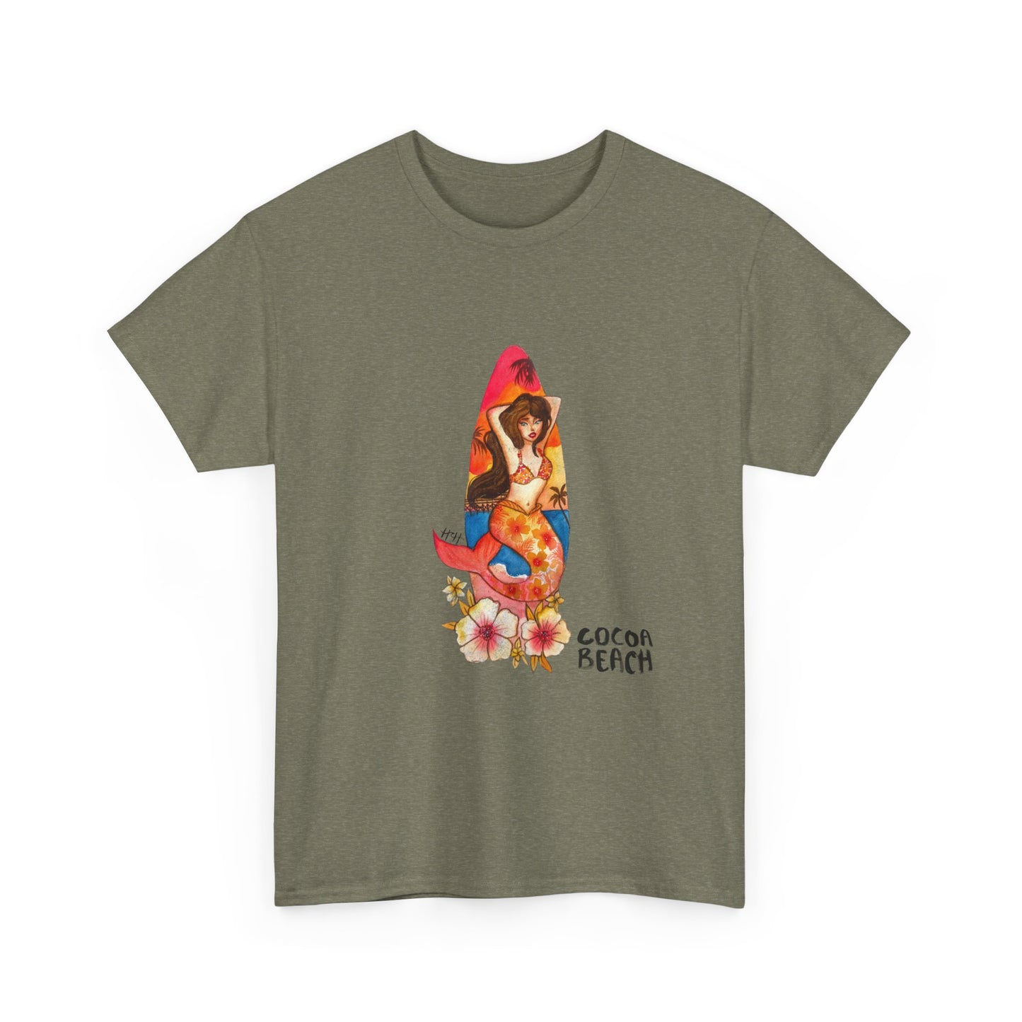 Cocoa Beach Mermaid Tee — Florida Surfboard & Tropical Flowers Vacation Souvenir