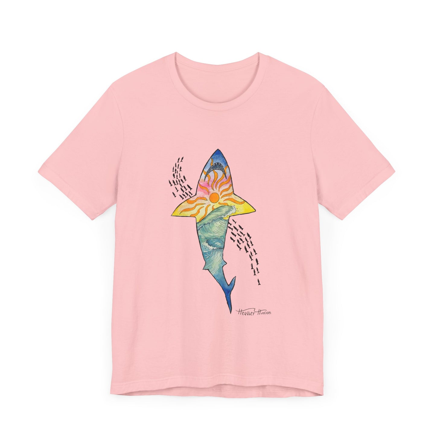 Shark t shirt Sunset Beach Tee, Great White Ocean Wave T-Shirt for Surf Lovers, Colorful Unisex Jersey Shirt, Tropical Sunshine Tee, Bright Tee for