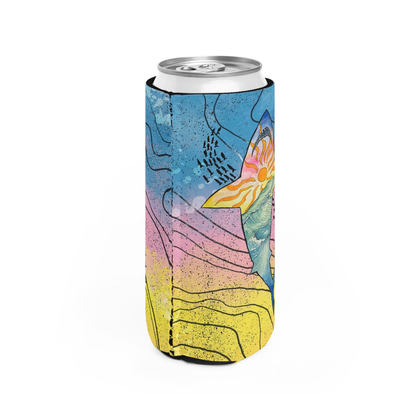 Slim Can Cooler - Great White Shark Watercolor Ocean Sunset