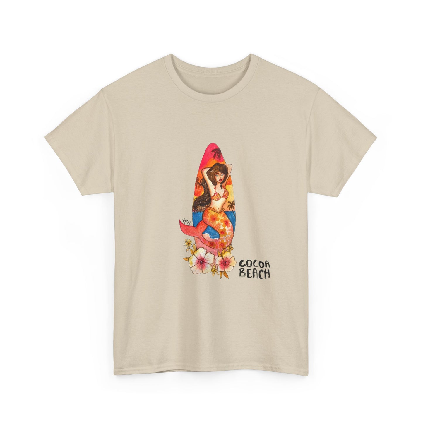 Cocoa Beach Mermaid Tee — Florida Surfboard & Tropical Flowers Vacation Souvenir