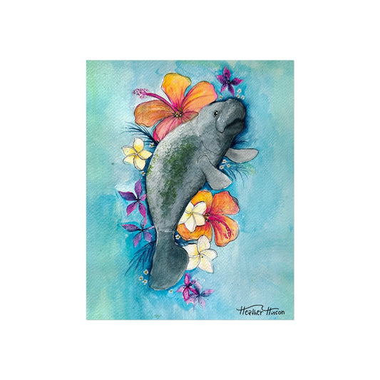 Manatee and Florals Fine Art Poster - Tropical Wall Decor