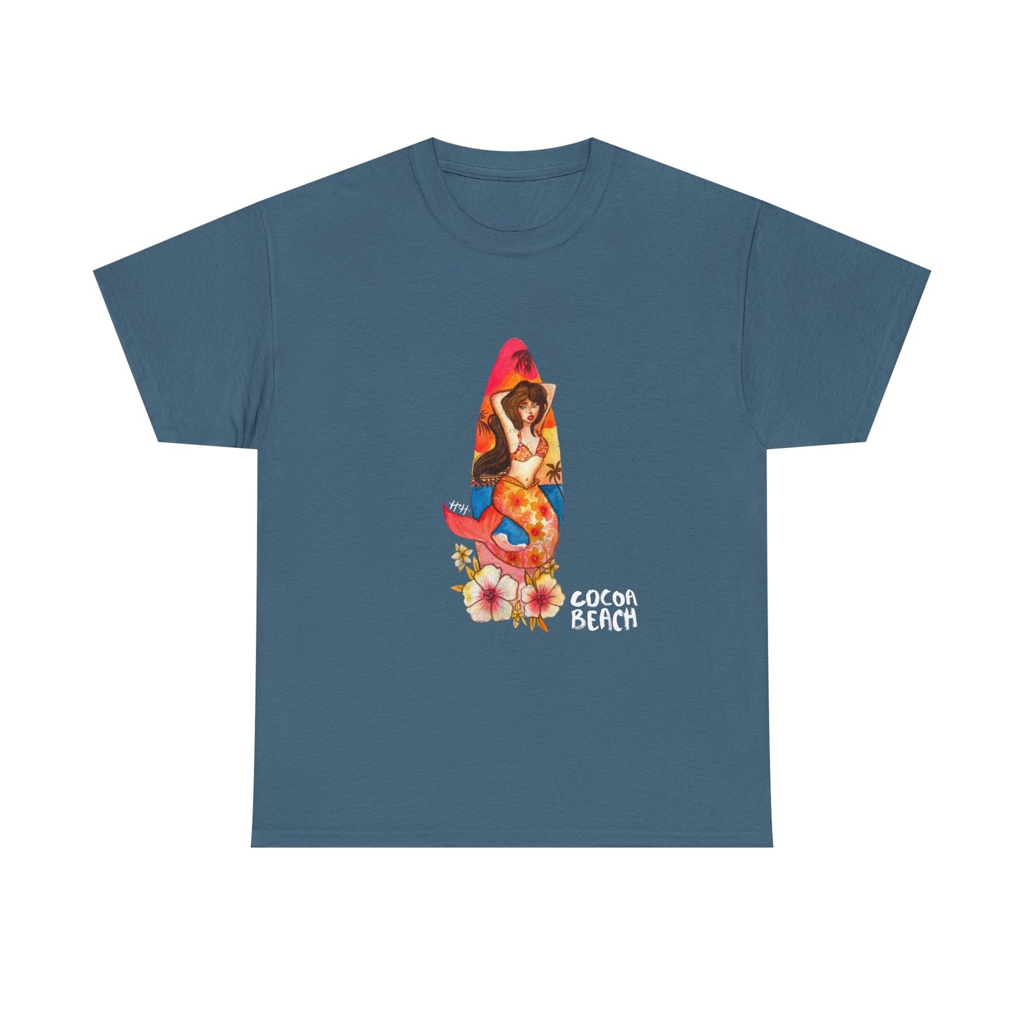 Cocoa Beach Mermaid Tee — Florida Surfboard & Tropical Flowers Vacation Souvenir