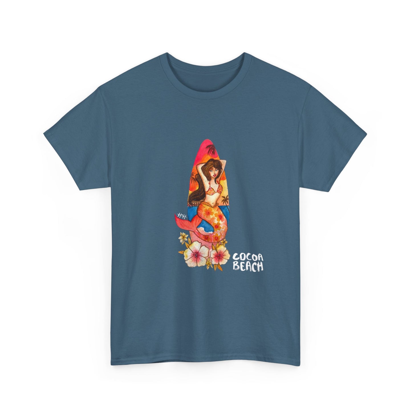 Cocoa Beach Mermaid Tee — Florida Surfboard & Tropical Flowers Vacation Souvenir