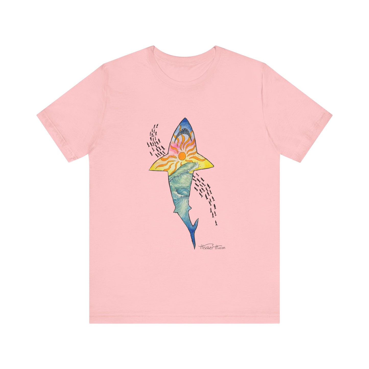 Shark t shirt Sunset Beach Tee, Great White Ocean Wave T-Shirt for Surf Lovers, Colorful Unisex Jersey Shirt, Tropical Sunshine Tee, Bright Tee for