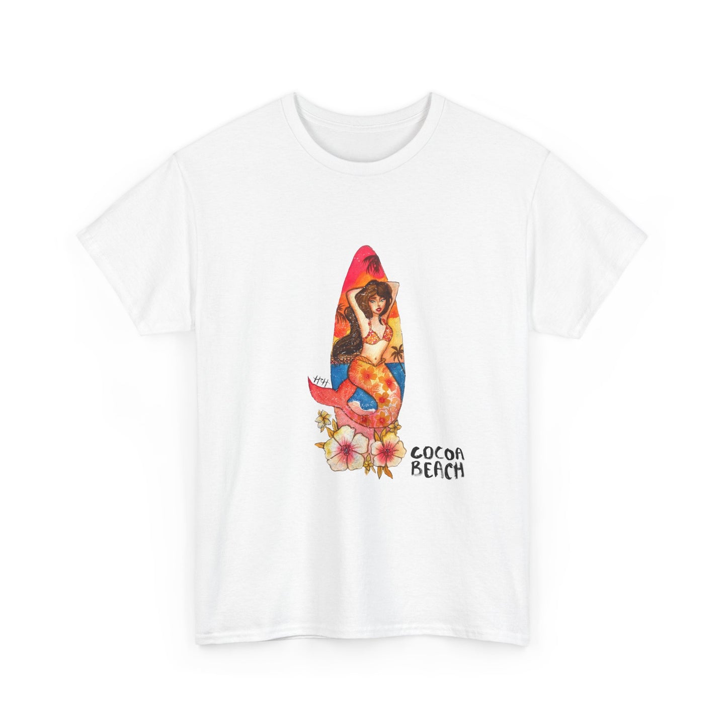 Cocoa Beach Mermaid Tee — Florida Surfboard & Tropical Flowers Vacation Souvenir