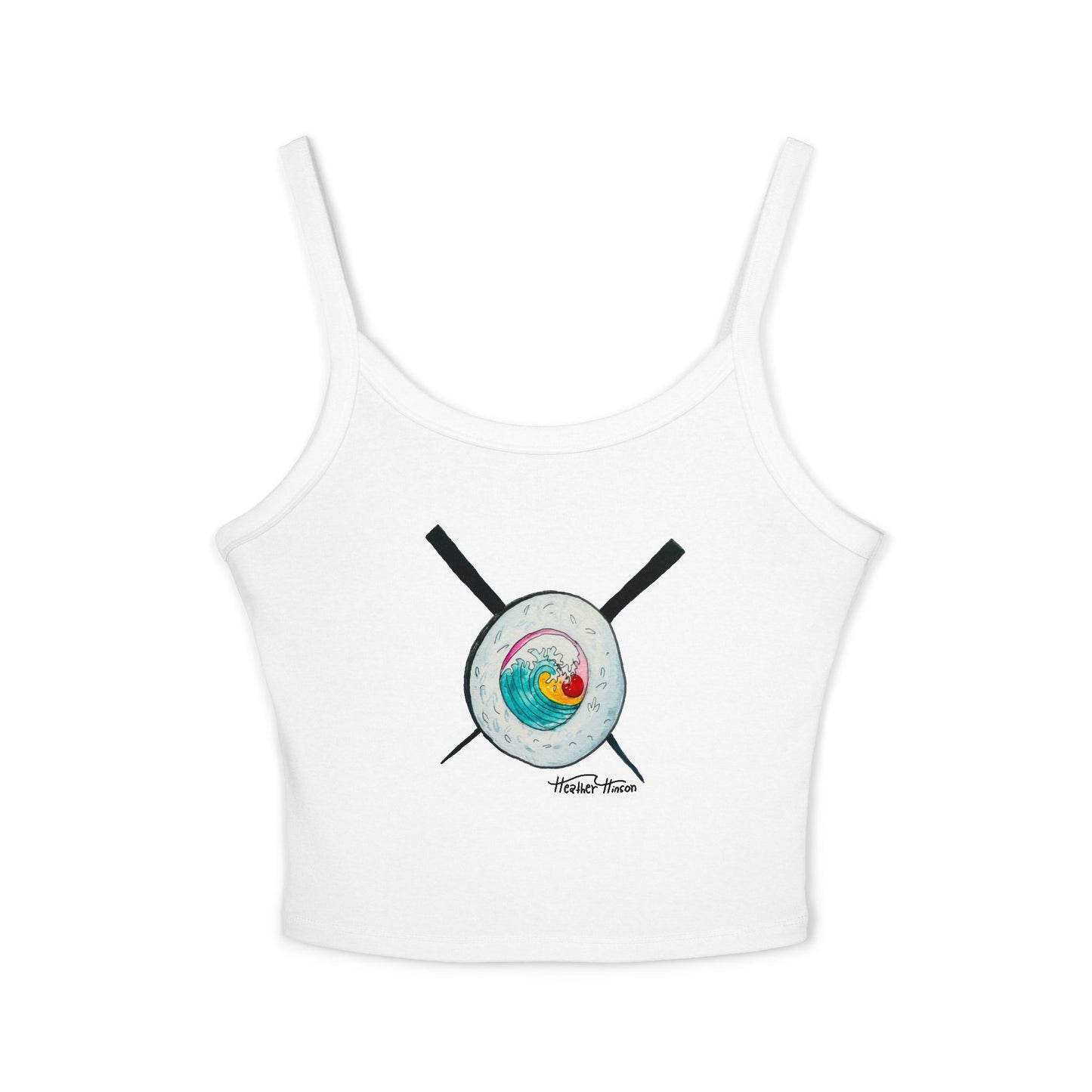 Colorful Spaghetti Strap Tank Top with sushi wave drawing, Casual Summer Wear, Graphic Top for Foodies, Gift for Cooks, Cooking Enthusiasts