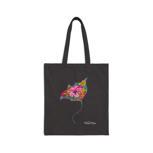 Floral Watercolor Manta Ray Stingray Tote Bag, Women's Beach Bag, Tropical Flowers 15x16 Canvas Tote, Ocean Tote, Shopping Bag