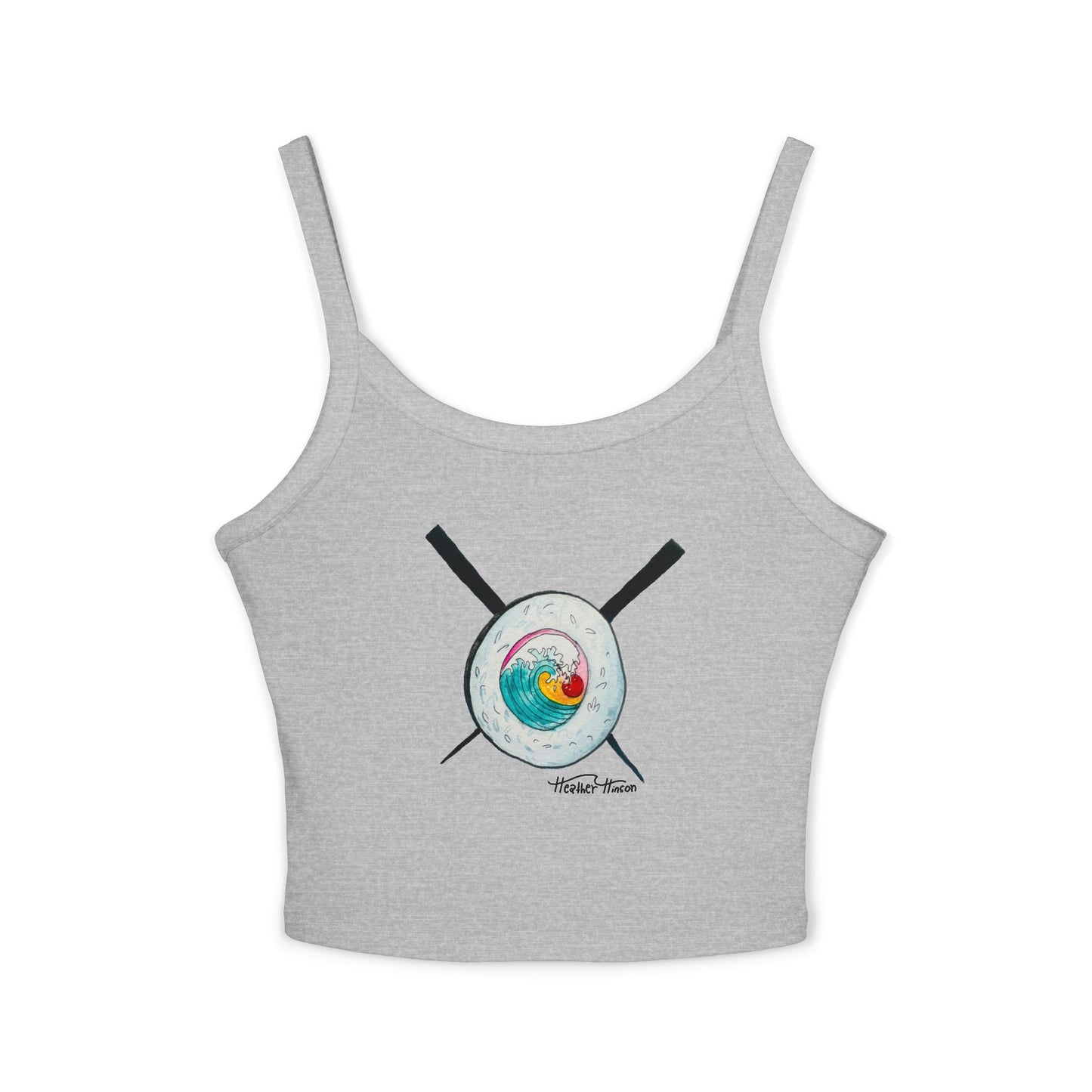 Colorful Spaghetti Strap Tank Top with sushi wave drawing, Casual Summer Wear, Graphic Top for Foodies, Gift for Cooks, Cooking Enthusiasts