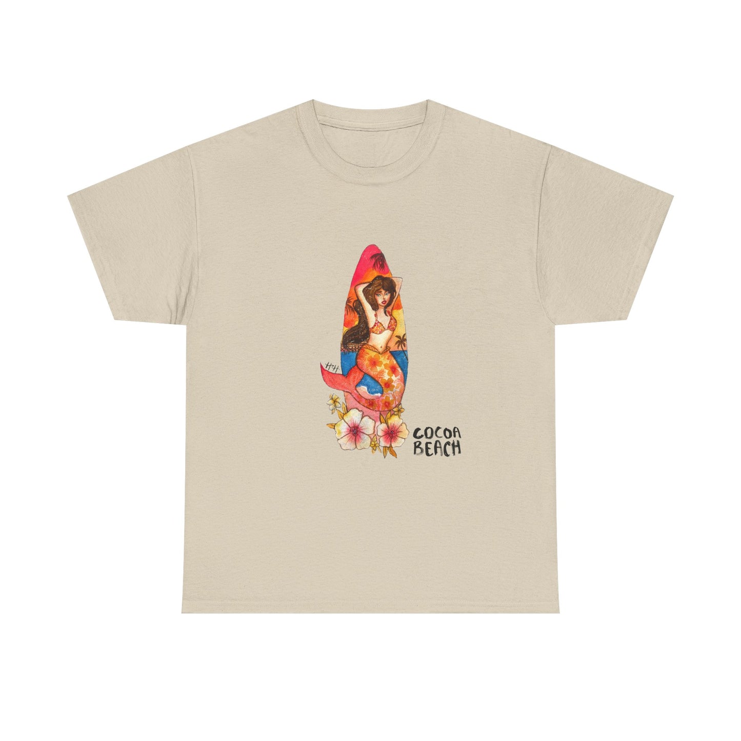 Cocoa Beach Mermaid Tee — Florida Surfboard & Tropical Flowers Vacation Souvenir
