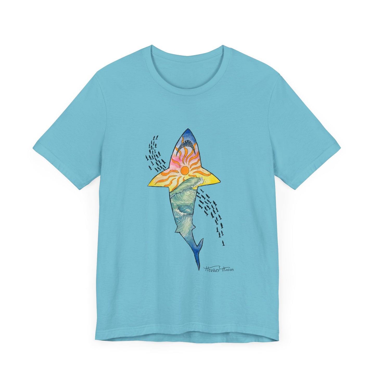 Shark t shirt Sunset Beach Tee, Great White Ocean Wave T-Shirt for Surf Lovers, Colorful Unisex Jersey Shirt, Tropical Sunshine Tee, Bright Tee for