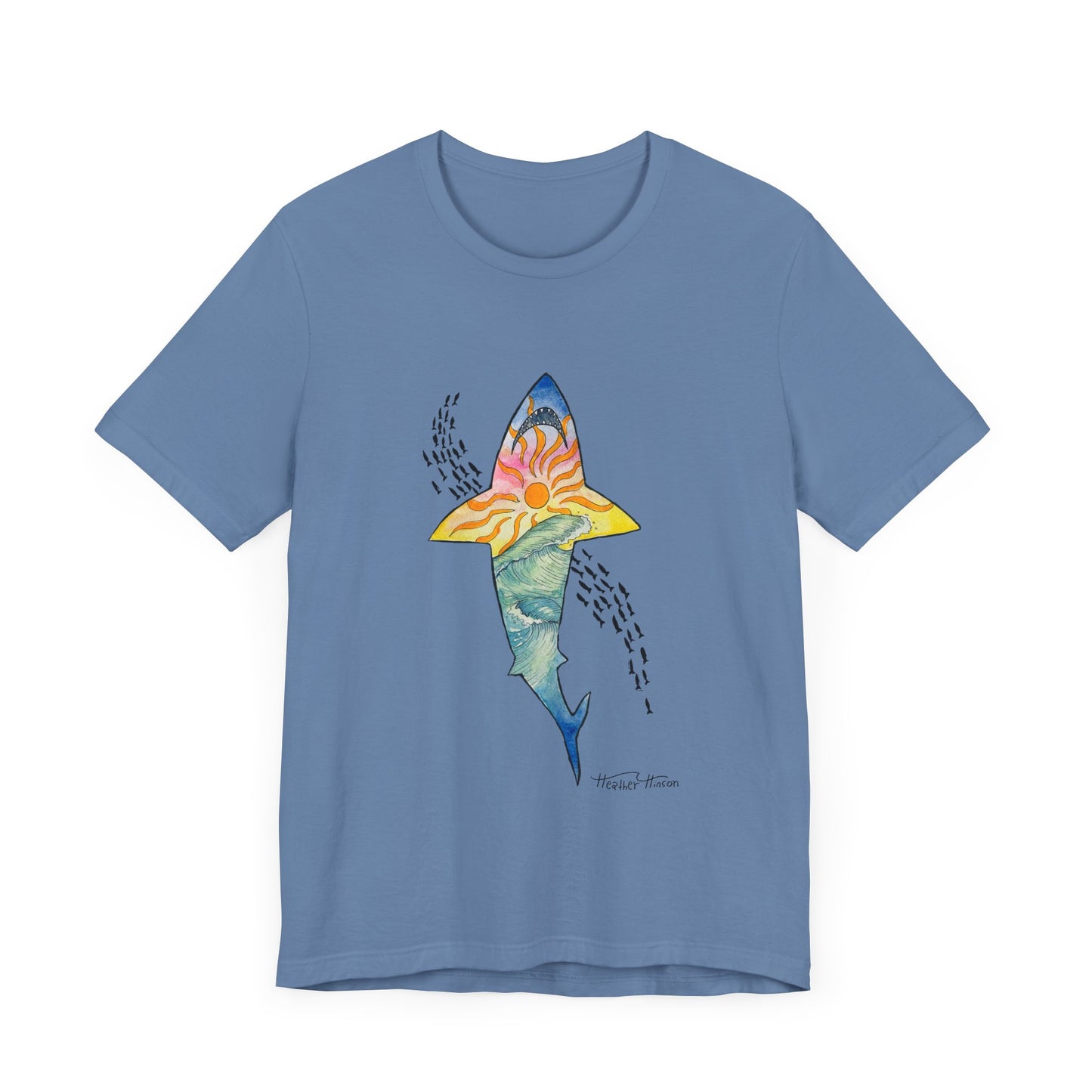 Shark t shirt Sunset Beach Tee, Great White Ocean Wave T-Shirt for Surf Lovers, Colorful Unisex Jersey Shirt, Tropical Sunshine Tee, Bright Tee for