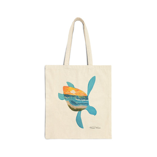 Tote Bag, Sea Turtle Beach Bag, Ocean Wave Sunset Tote, Tropical Vacation Surf, Cotton Canvas Bag, Reusable Shopping Bag