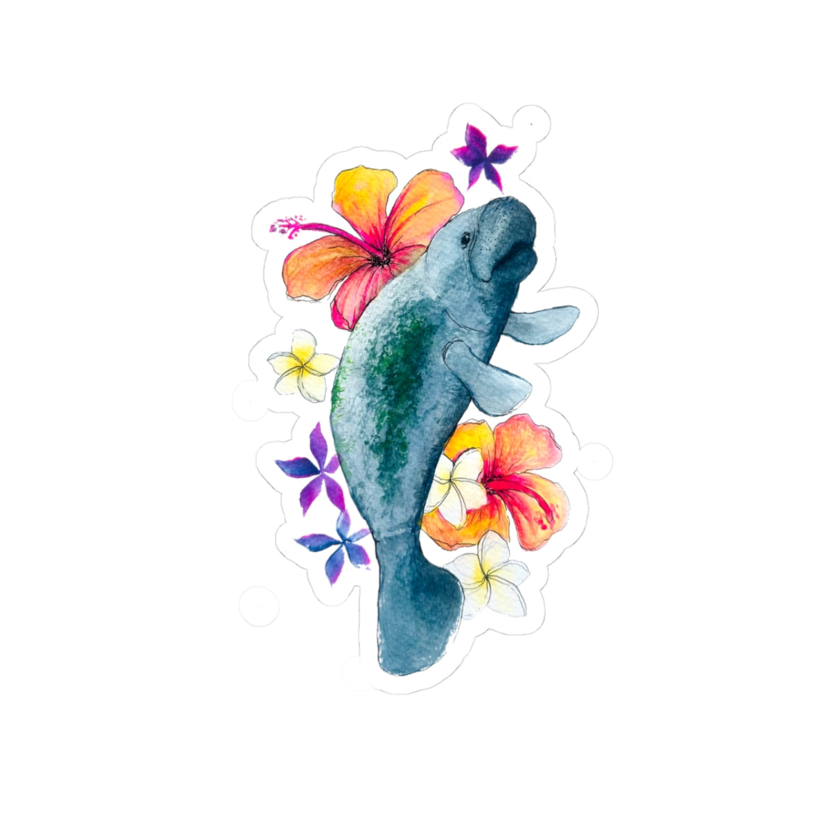 Stickers Manatee Watercolor Bright Tropical Flowers
