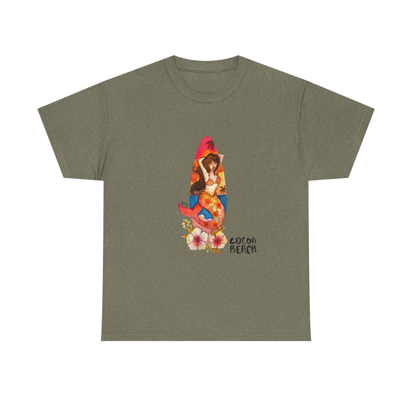 Cocoa Beach Mermaid Tee — Florida Surfboard & Tropical Flowers Vacation Souvenir