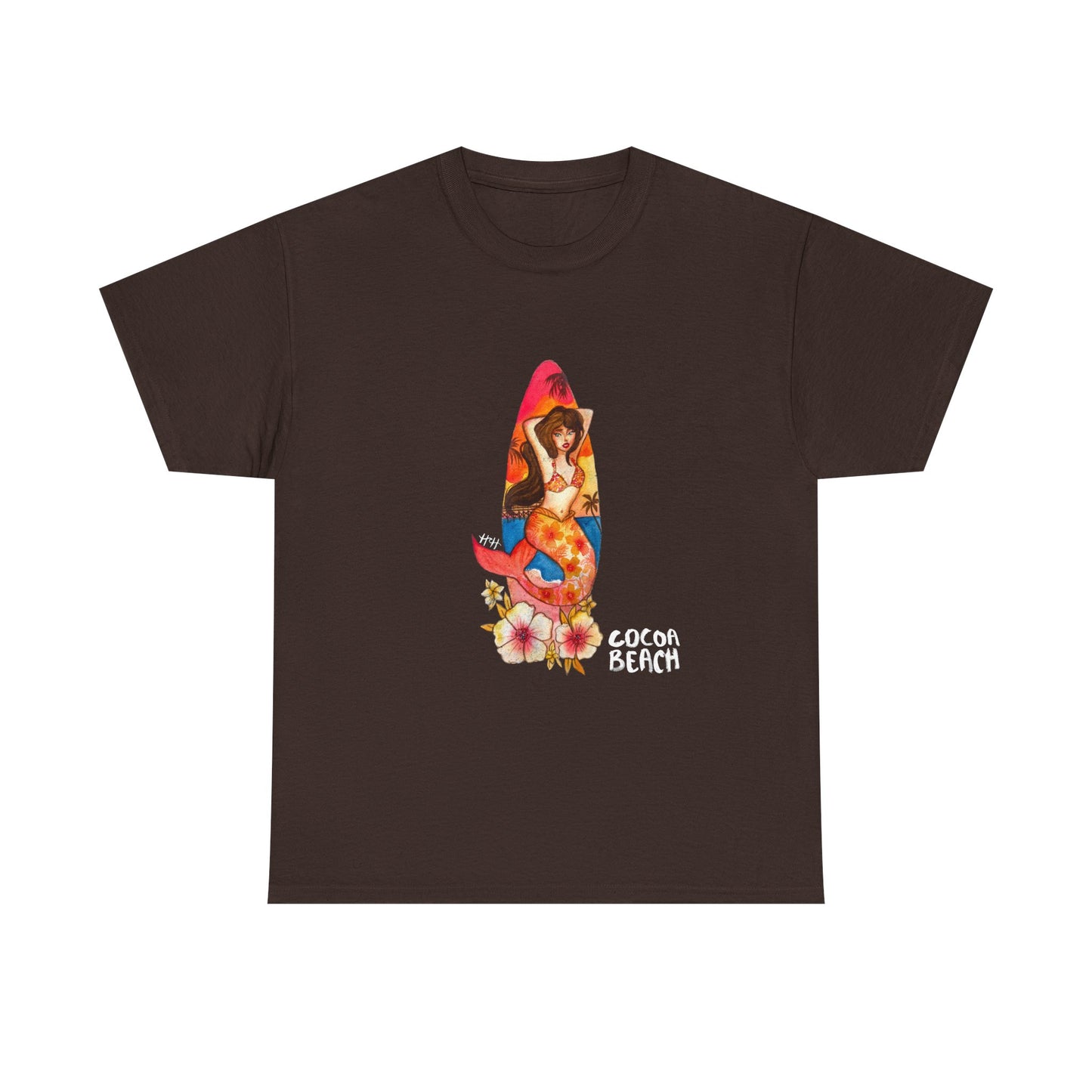 Cocoa Beach Mermaid Tee — Florida Surfboard & Tropical Flowers Vacation Souvenir